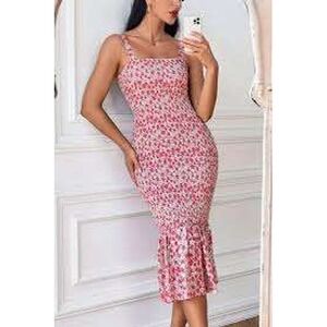 Smocked Floral Maxi Dress Red White Spaghetti Strap Midi PRETTY GARDEN  small